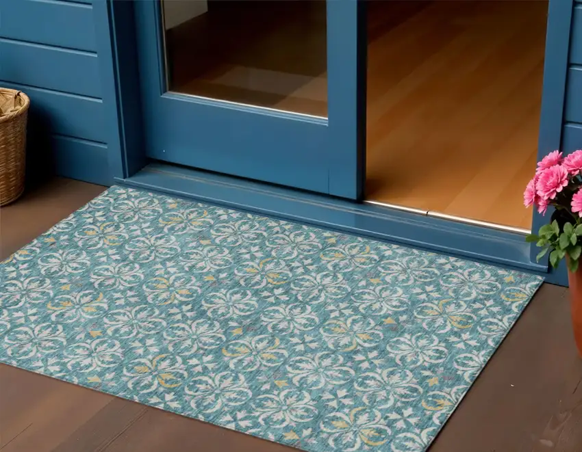 Teal Blue Gray And Gold Floral Washable Indoor Outdoor Area Rug Photo 1