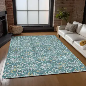 Photo of Teal Blue Gray And Gold Floral Washable Indoor Outdoor Area Rug