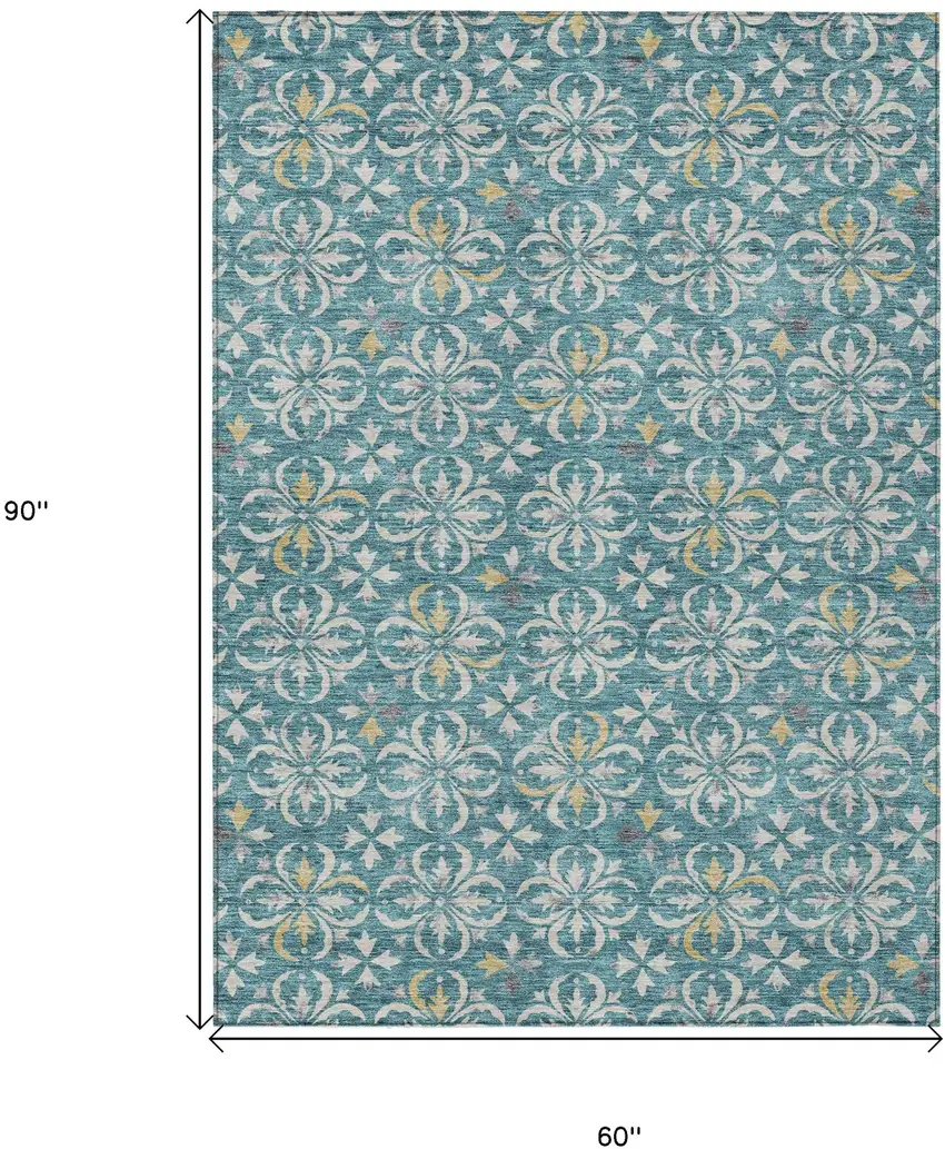 Teal Blue Gray And Gold Floral Washable Indoor Outdoor Area Rug Photo 3