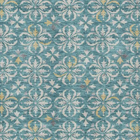 Teal Blue Gray And Gold Floral Washable Indoor Outdoor Area Rug Photo 5