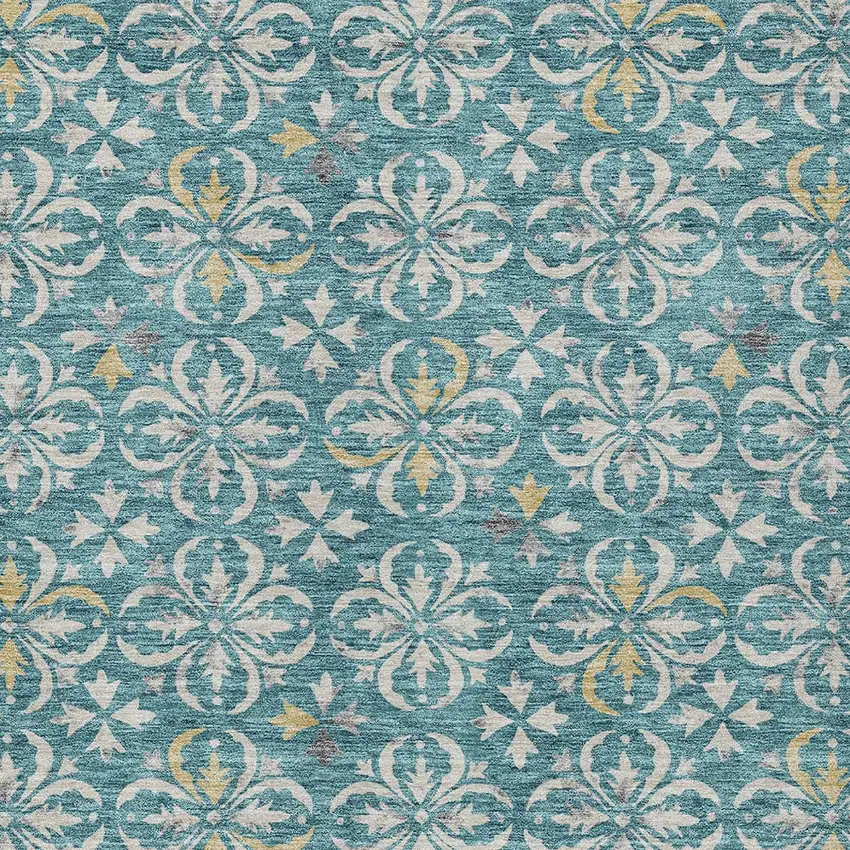 Teal Blue Gray And Gold Floral Washable Indoor Outdoor Area Rug Photo 5