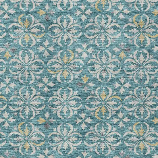 Teal Blue Gray And Gold Floral Washable Indoor Outdoor Area Rug Photo 5