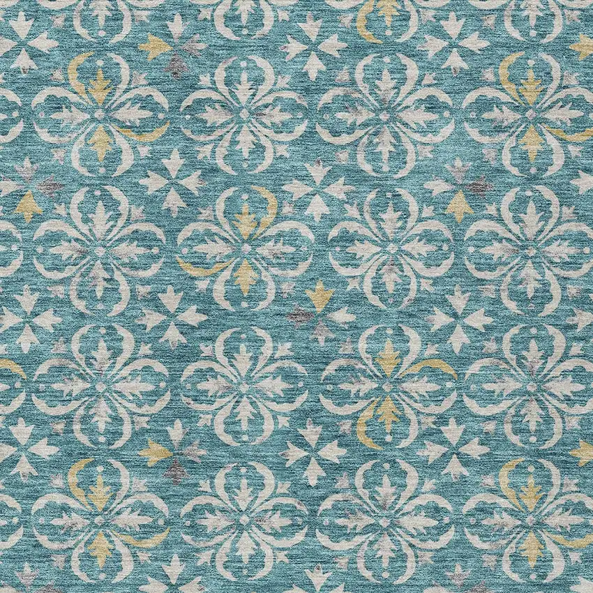Teal Blue Gray And Gold Floral Washable Indoor Outdoor Area Rug Photo 5