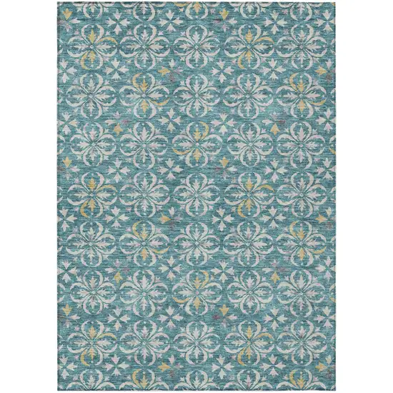 Teal Blue Gray And Gold Floral Washable Indoor Outdoor Area Rug Photo 2