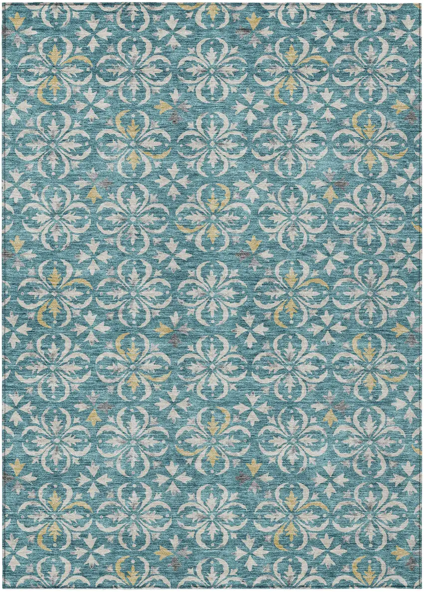 Teal Blue Gray And Gold Floral Washable Indoor Outdoor Area Rug Photo 2