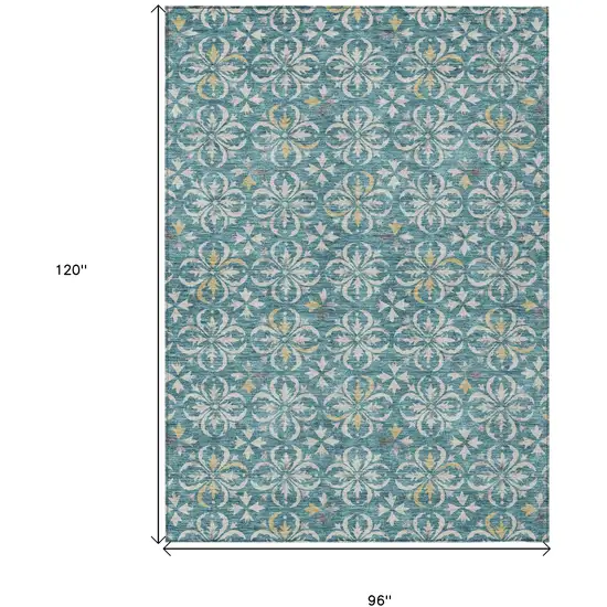 Teal Blue Gray And Gold Floral Washable Indoor Outdoor Area Rug Photo 3