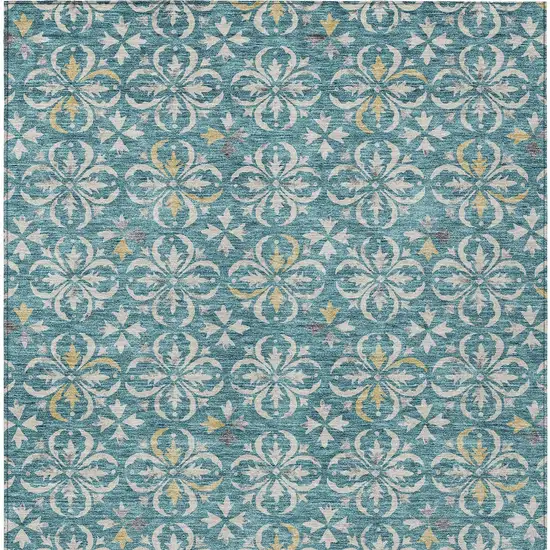 Teal Blue Gray And Gold Floral Washable Indoor Outdoor Area Rug Photo 6