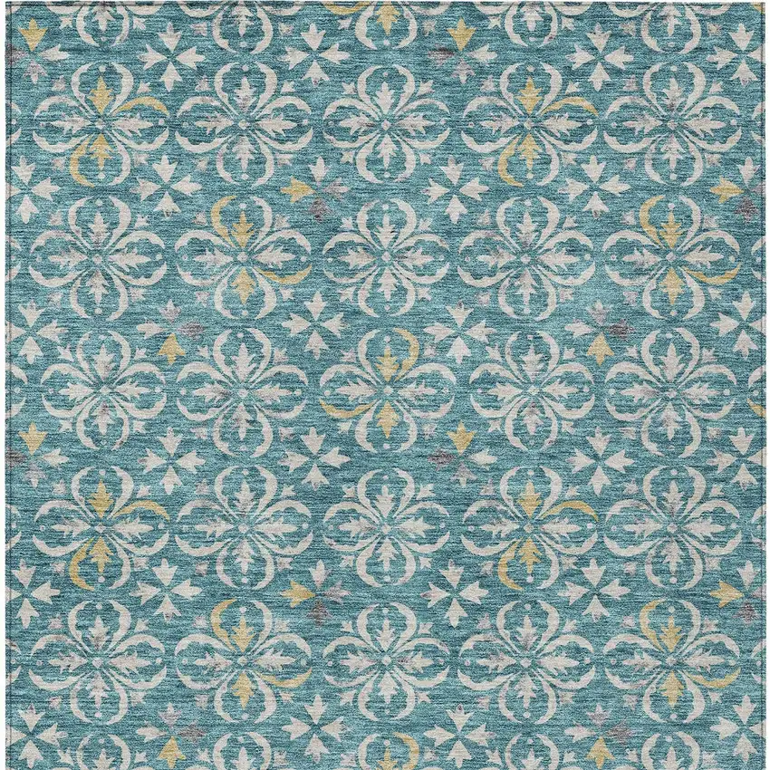 Teal Blue Gray And Gold Floral Washable Indoor Outdoor Area Rug Photo 6