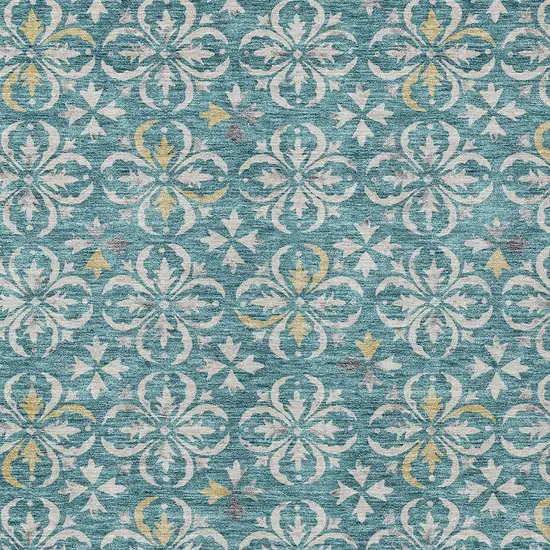 Teal Blue Gray And Gold Floral Washable Indoor Outdoor Area Rug Photo 5