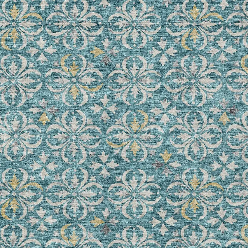 Teal Blue Gray And Gold Floral Washable Indoor Outdoor Area Rug Photo 5