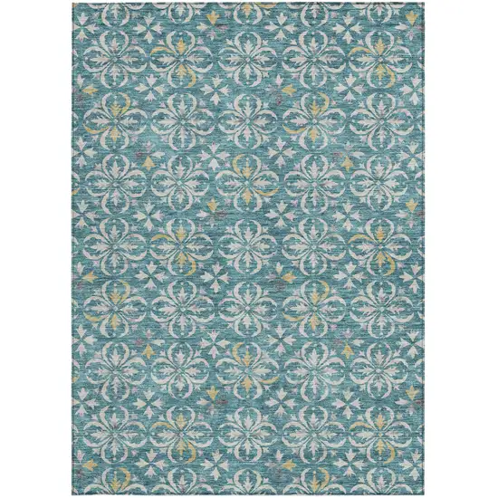 Teal Blue Gray And Gold Floral Washable Indoor Outdoor Area Rug Photo 6