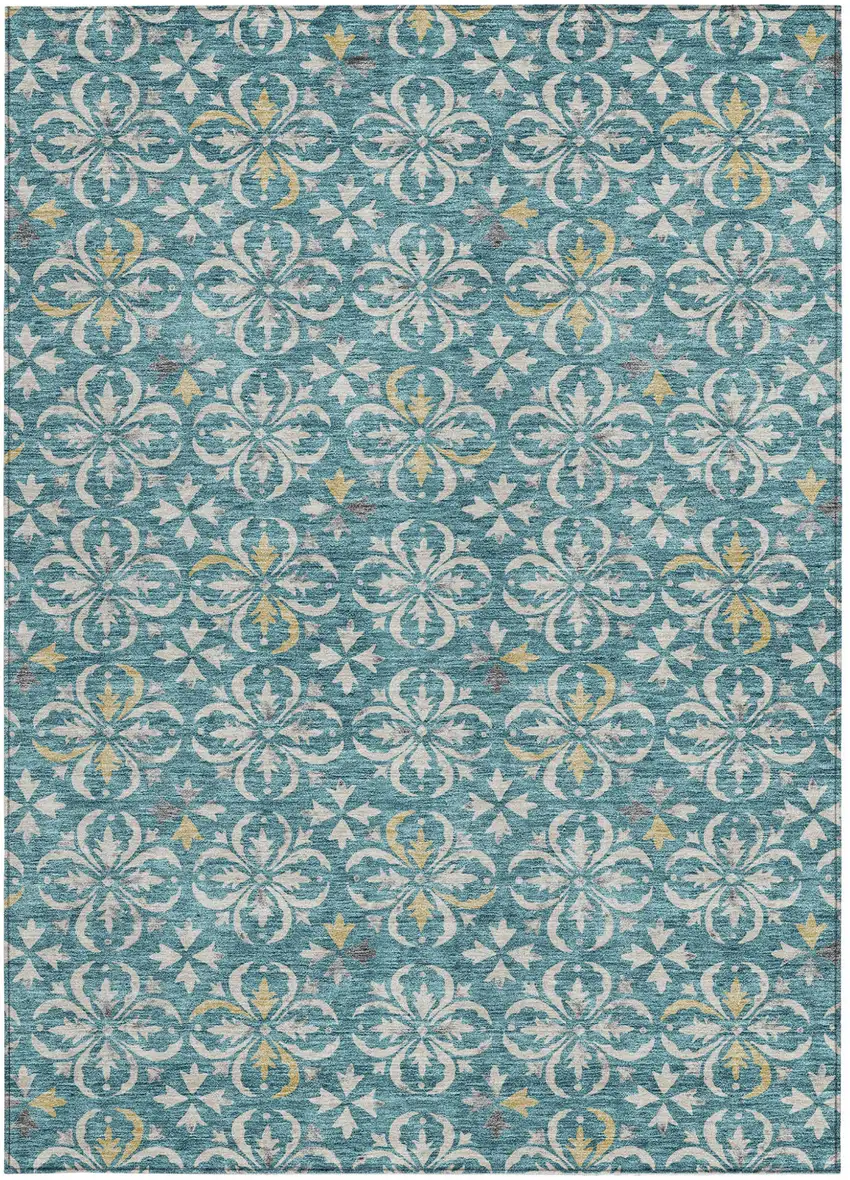 Teal Blue Gray And Gold Floral Washable Indoor Outdoor Area Rug Photo 6