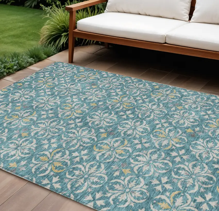 Teal Blue Gray And Gold Floral Washable Indoor Outdoor Area Rug Photo 1