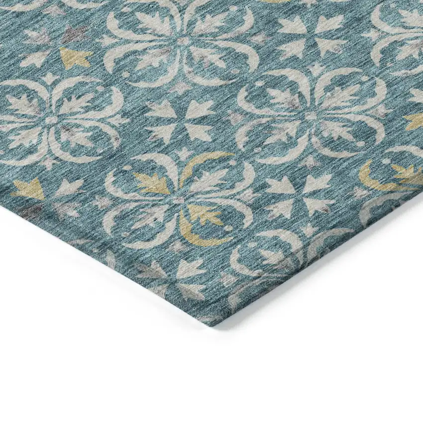 Teal Blue Gray And Gold Floral Washable Indoor Outdoor Area Rug Photo 4
