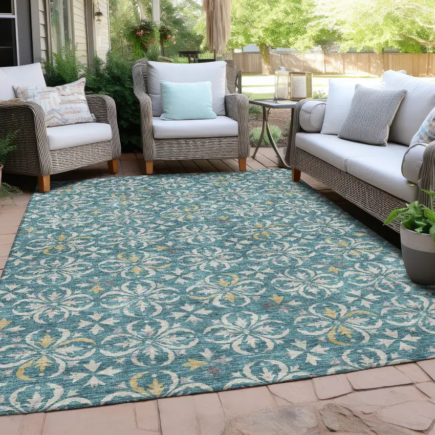 Teal Blue Gray And Gold Floral Washable Indoor Outdoor Area Rug Photo 7