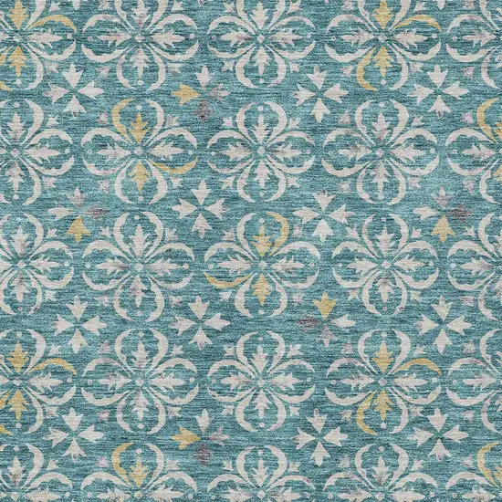 Teal Blue Gray And Gold Floral Washable Indoor Outdoor Area Rug Photo 5