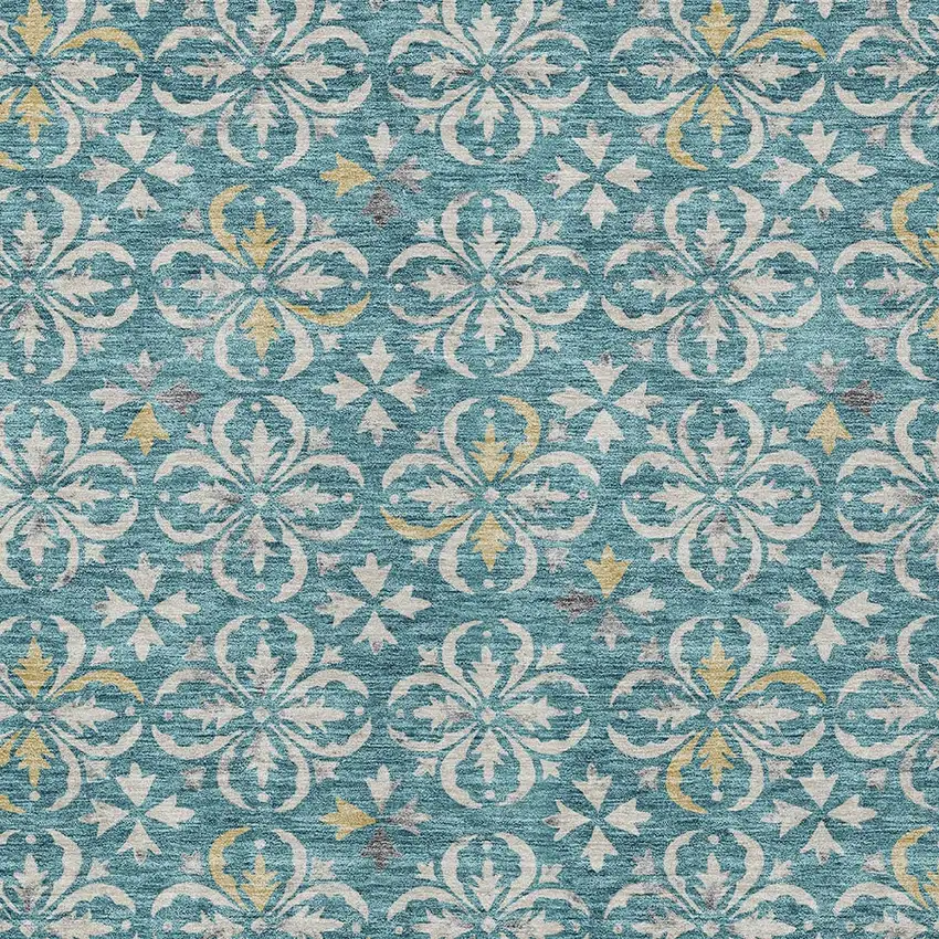 Teal Blue Gray And Gold Floral Washable Indoor Outdoor Area Rug Photo 5