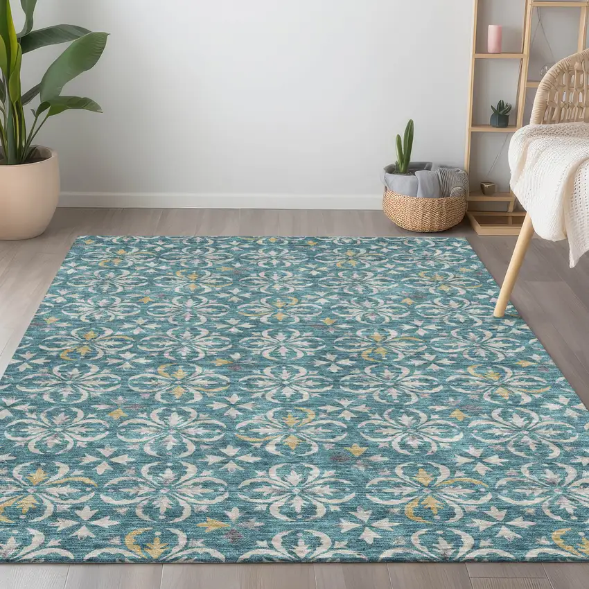 Teal Blue Gray And Gold Floral Washable Indoor Outdoor Area Rug Photo 8