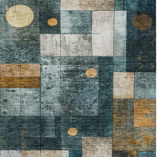 Teal Blue Gray And Gold Geometric Washable Indoor Outdoor Area Rug Photo 4