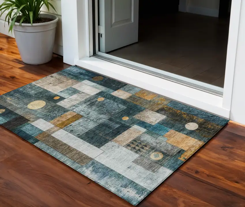 Teal Blue Gray And Gold Geometric Washable Indoor Outdoor Area Rug Photo 1