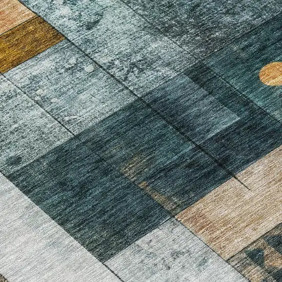 Teal Blue Gray And Gold Geometric Washable Indoor Outdoor Area Rug Photo 8