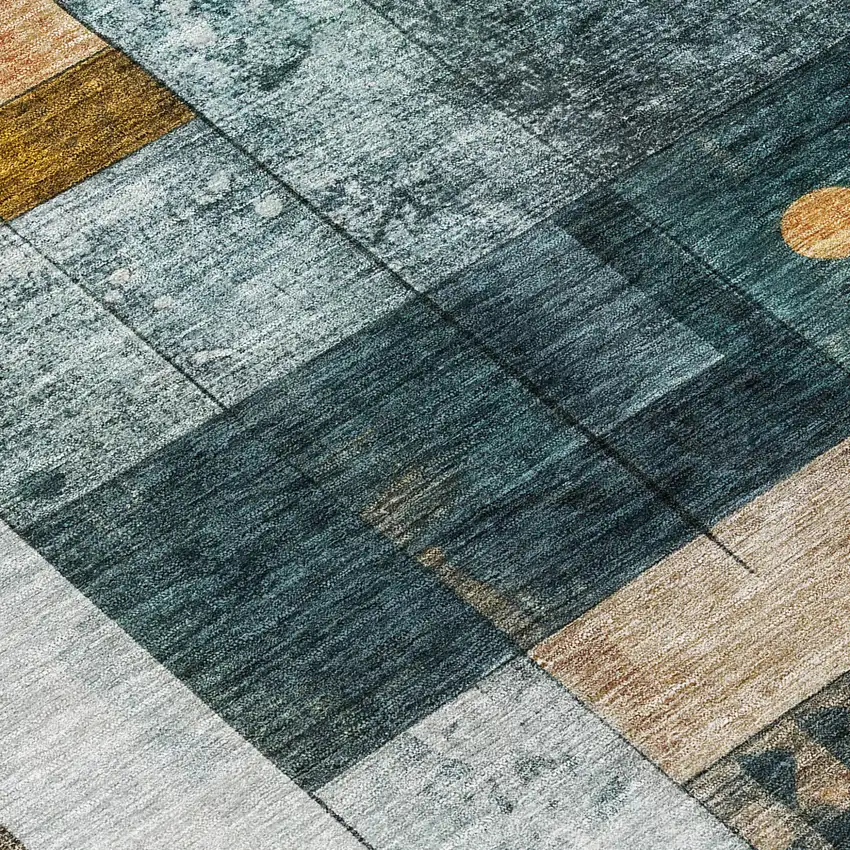 Teal Blue Gray And Gold Geometric Washable Indoor Outdoor Area Rug Photo 8