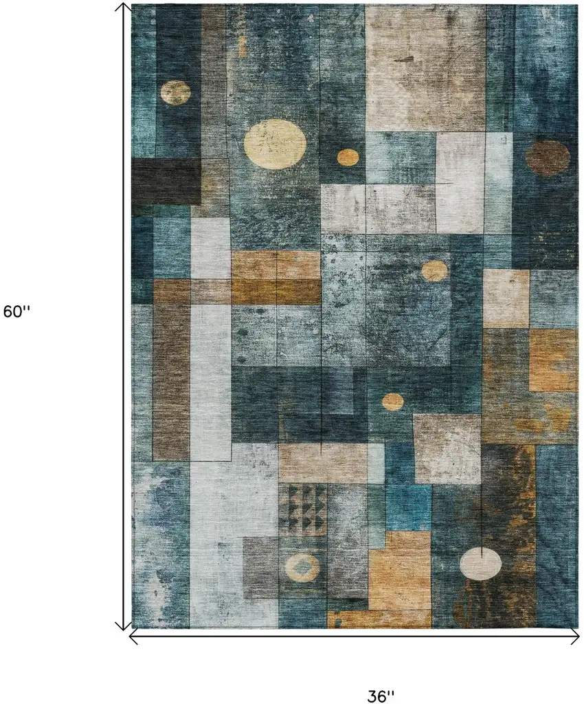 Teal Blue Gray And Gold Geometric Washable Indoor Outdoor Area Rug Photo 7