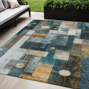 Photo of Teal Blue Gray And Gold Geometric Washable Indoor Outdoor Area Rug