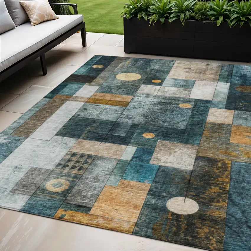 Teal Blue Gray And Gold Geometric Washable Indoor Outdoor Area Rug Photo 1
