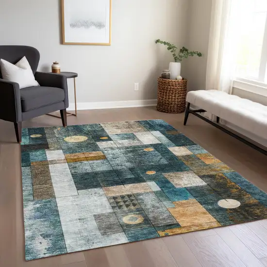 Teal Blue Gray And Gold Geometric Washable Indoor Outdoor Area Rug Photo 8