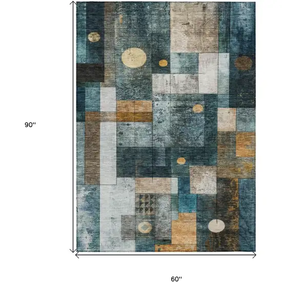 Teal Blue Gray And Gold Geometric Washable Indoor Outdoor Area Rug Photo 6