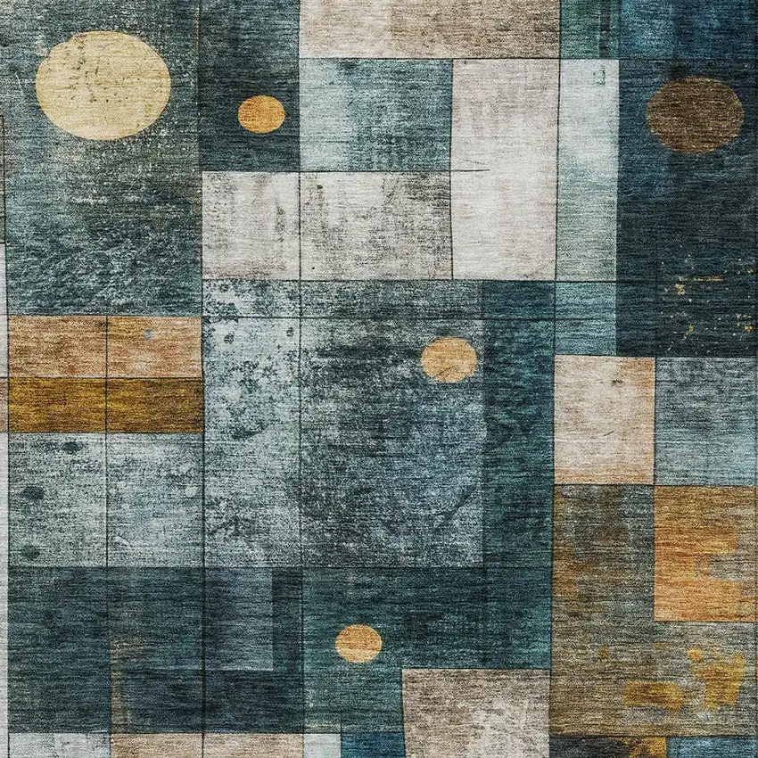 Teal Blue Gray And Gold Geometric Washable Indoor Outdoor Area Rug Photo 4