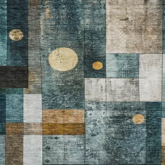 Teal Blue Gray And Gold Geometric Washable Indoor Outdoor Area Rug Photo 4