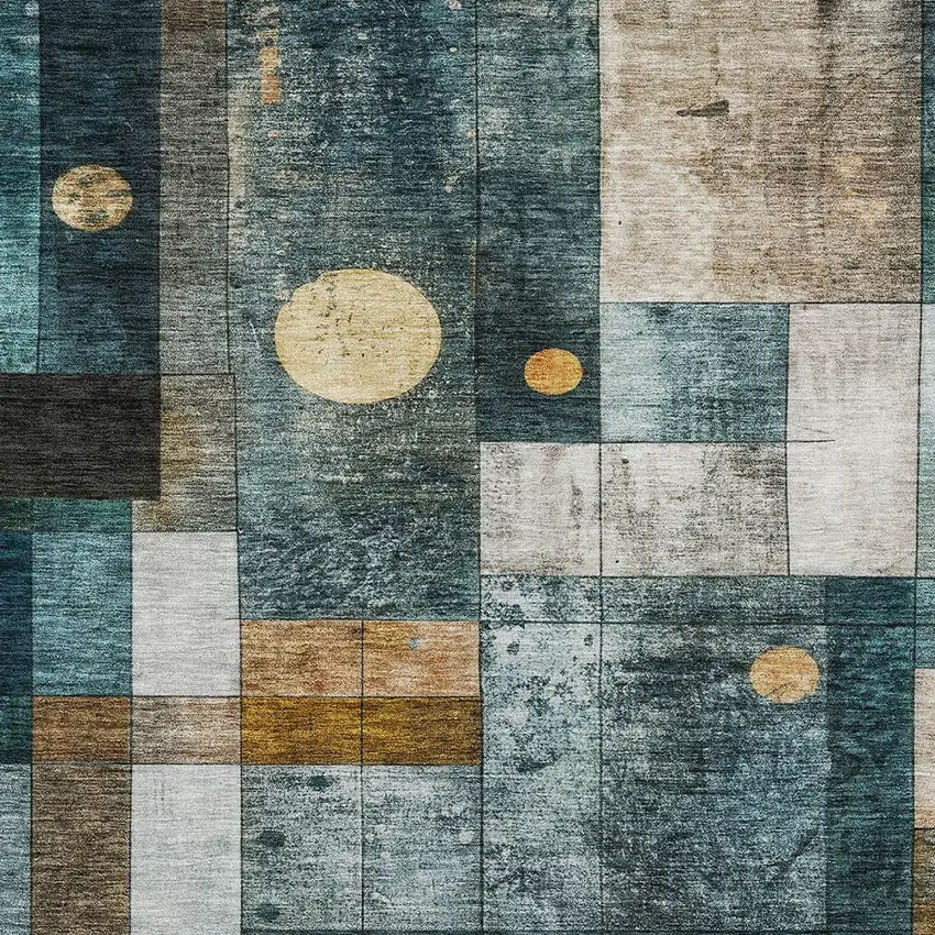 Teal Blue Gray And Gold Geometric Washable Indoor Outdoor Area Rug Photo 4