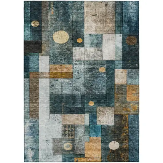 Teal Blue Gray And Gold Geometric Washable Indoor Outdoor Area Rug Photo 2