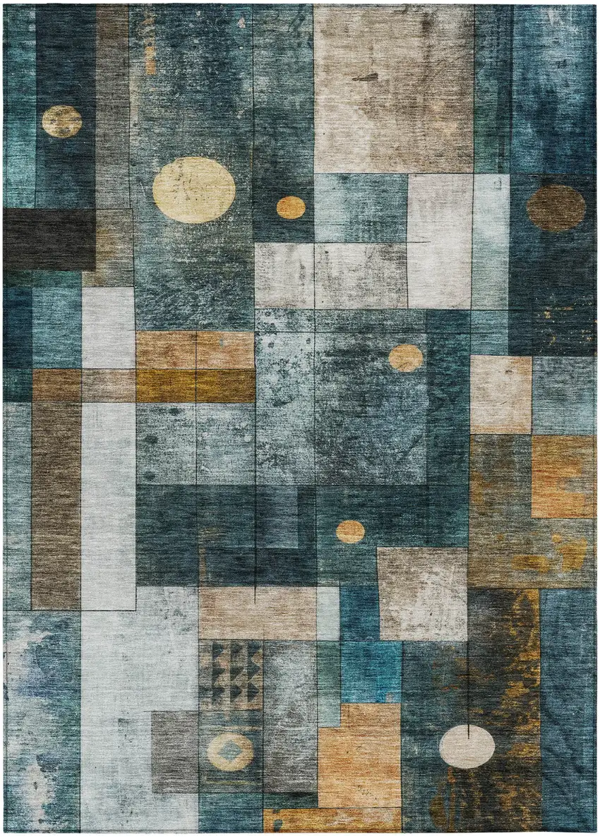 Teal Blue Gray And Gold Geometric Washable Indoor Outdoor Area Rug Photo 2