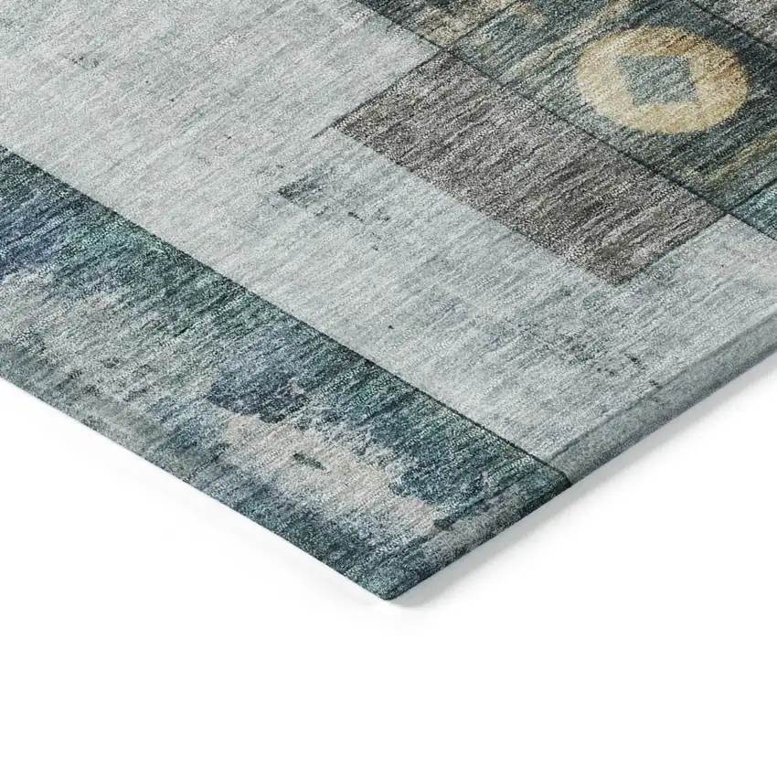 Teal Blue Gray And Gold Geometric Washable Indoor Outdoor Area Rug Photo 3
