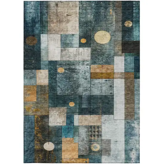Teal Blue Gray And Gold Geometric Washable Indoor Outdoor Area Rug Photo 5
