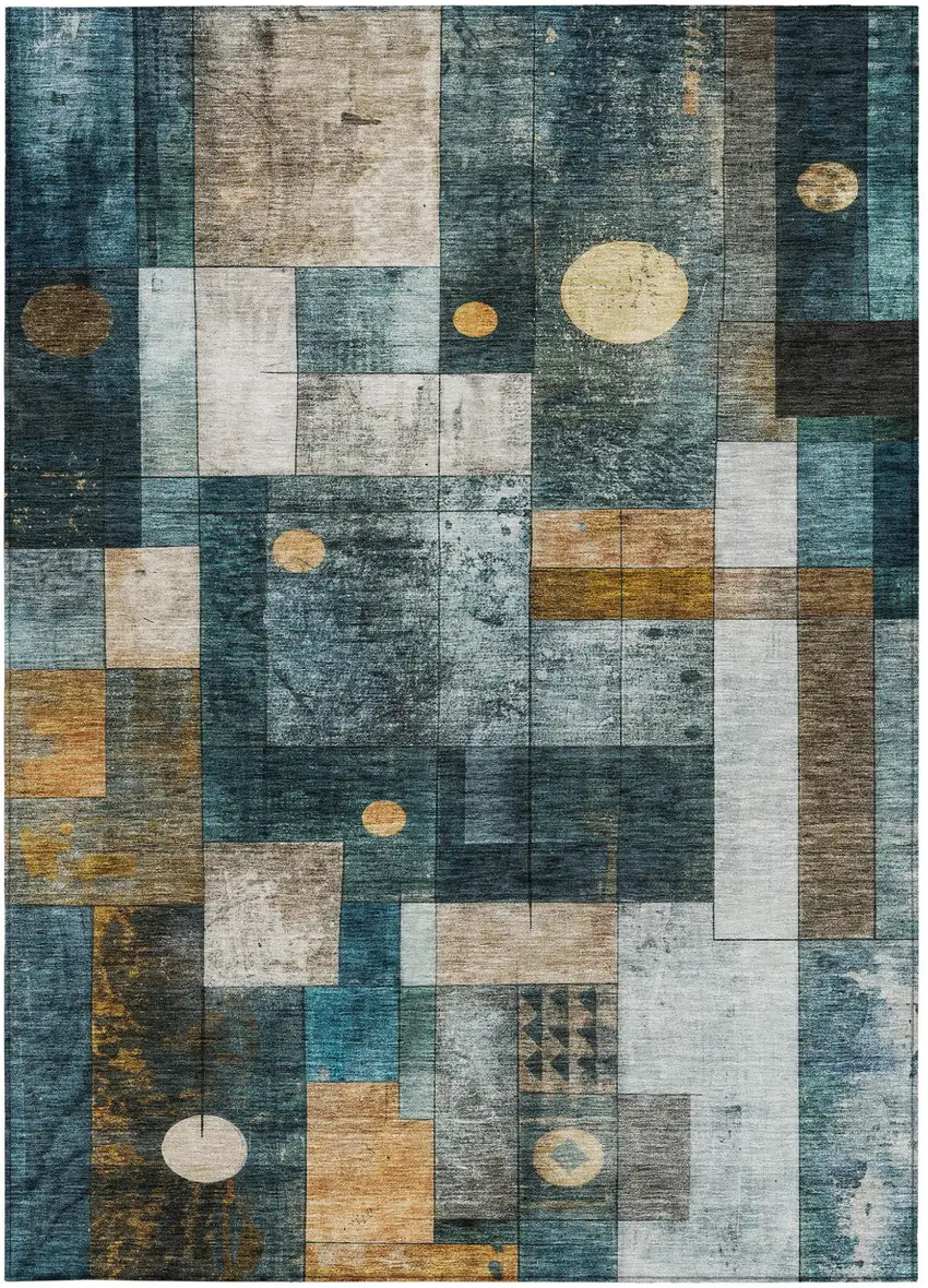 Teal Blue Gray And Gold Geometric Washable Indoor Outdoor Area Rug Photo 5