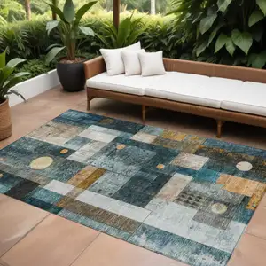 Photo of Teal Blue Gray And Gold Geometric Washable Indoor Outdoor Area Rug
