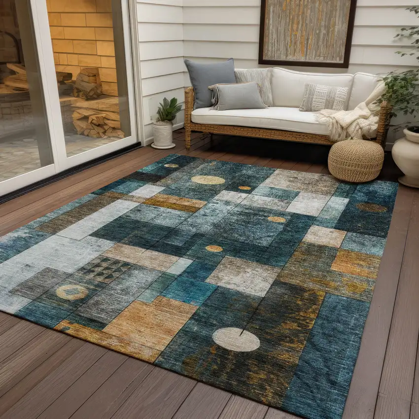 Teal Blue Gray And Gold Geometric Washable Indoor Outdoor Area Rug Photo 7