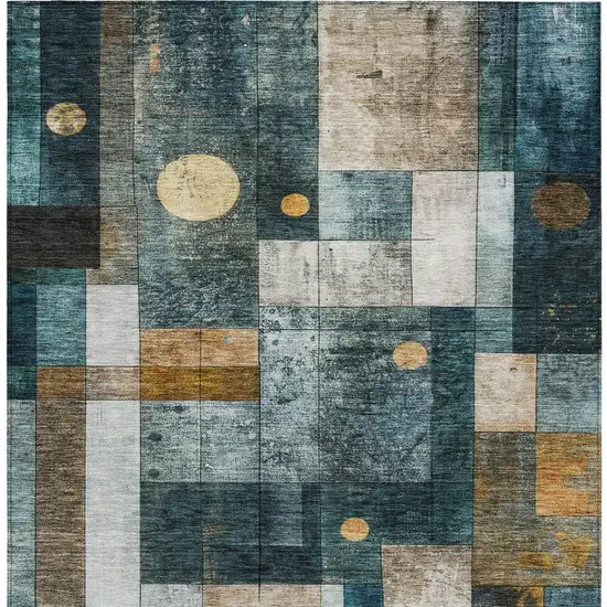 Teal Blue Gray And Gold Geometric Washable Indoor Outdoor Area Rug Photo 4