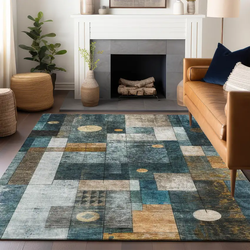 Teal Blue Gray And Gold Geometric Washable Indoor Outdoor Area Rug Photo 8