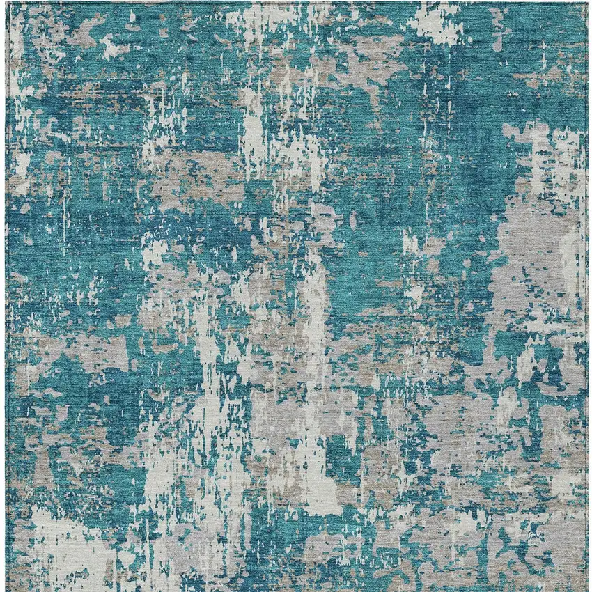 Teal Blue Gray And Ivory Abstract Washable Indoor Outdoor Area Rug Photo 4