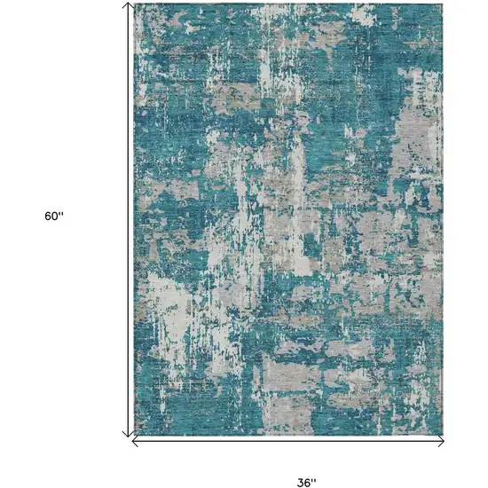 Teal Blue Gray And Ivory Abstract Washable Indoor Outdoor Area Rug Photo 6