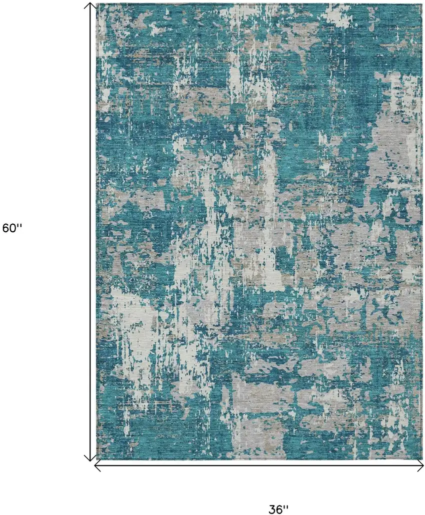 Teal Blue Gray And Ivory Abstract Washable Indoor Outdoor Area Rug Photo 6