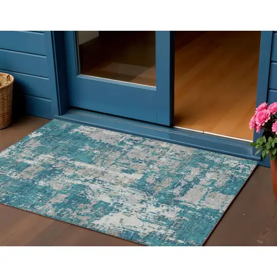 Teal Blue Gray And Ivory Abstract Washable Indoor Outdoor Area Rug Photo 1