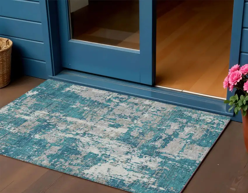 Teal Blue Gray And Ivory Abstract Washable Indoor Outdoor Area Rug Photo 1