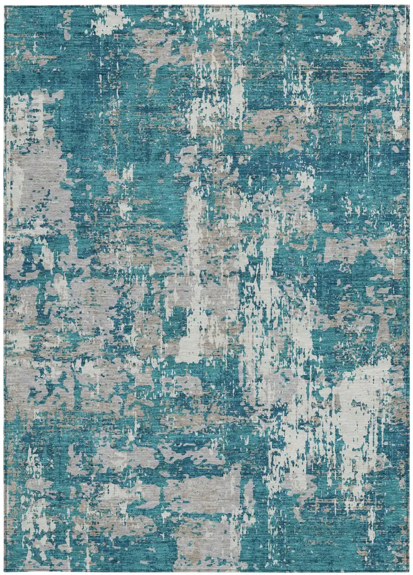 Teal Blue Gray And Ivory Abstract Washable Indoor Outdoor Area Rug Photo 5
