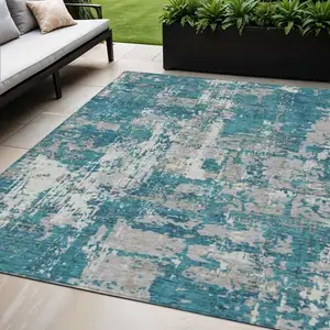Photo of Teal Blue Gray And Ivory Abstract Washable Indoor Outdoor Area Rug